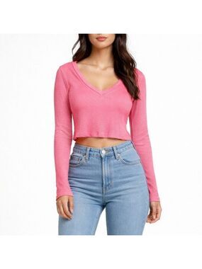 Free People We The Free Organic Cotton Pink V-Neck Crop Thermal Top size medium